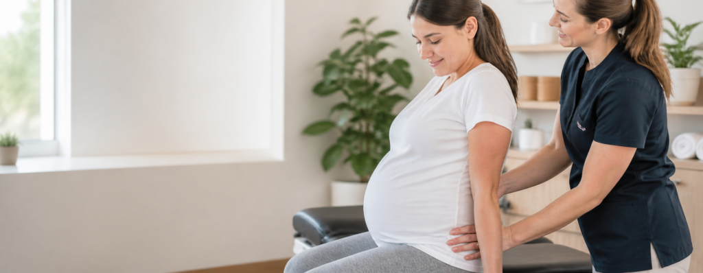 Pregnant woman receiving gentle chiropractic care for pregnancy in Charlotte NC