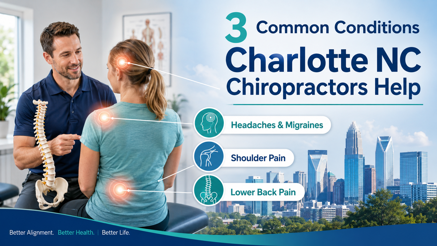 Charlotte NC chiropractor discussing headaches, shoulder pain, and lower back pain with a patient