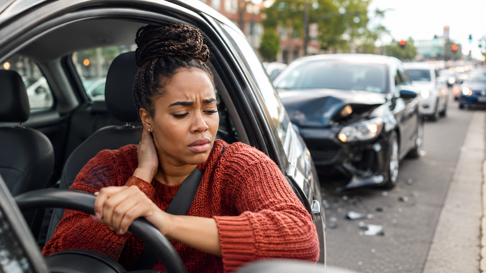 frustrated driver standing beside damaged car after collision on busy Charlotte street