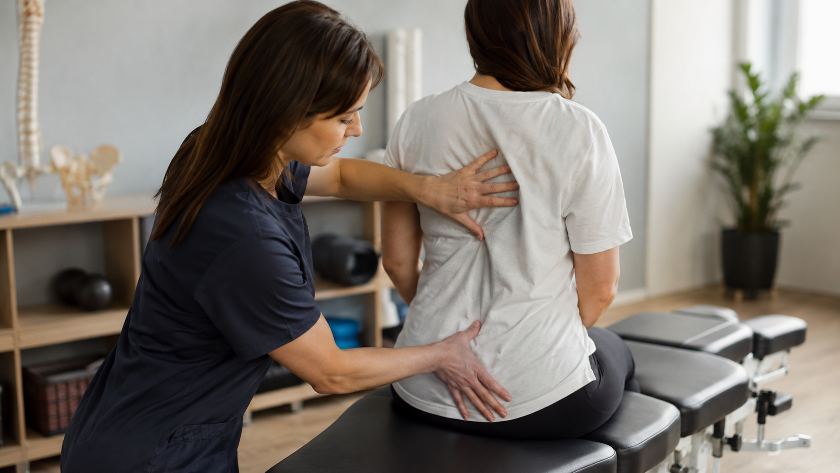 patient discussing seat belt lower back pain with chiropractor in bright Charlotte clinic