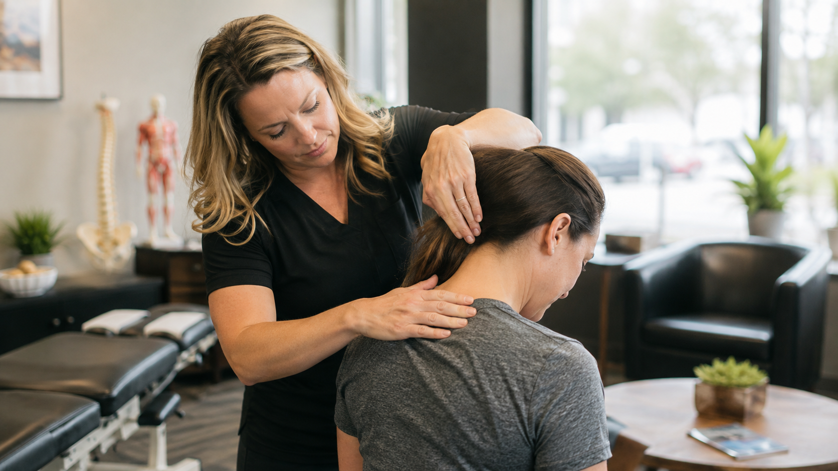 chiropractor examining neck and upper back of auto accident patient in bright clinic room