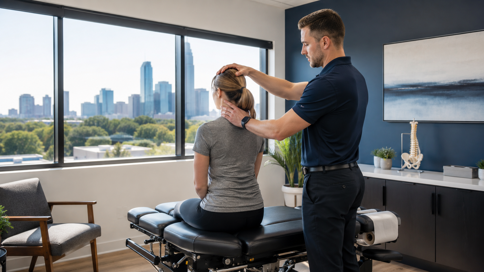 modern chiropractic consultation room with patient exam table and clinician reviewing injury care options in Charlotte
