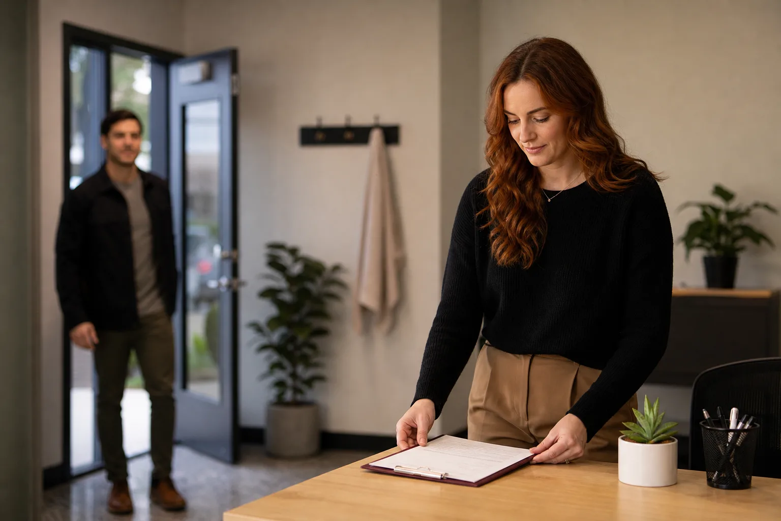 Client-focused scene with professional in background showing a relevant workspace detail in a open professional studio