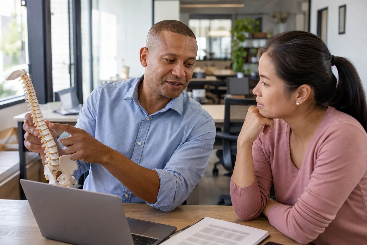 One professional and a different adult client explaining a care or service plan in a open professional studio setting for