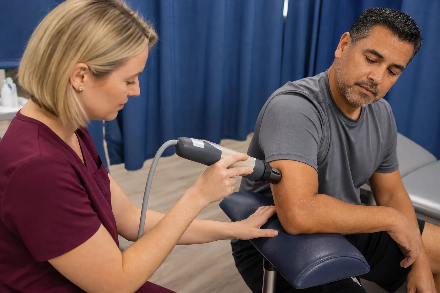 One professional working solo clinician applying a handheld shockwave therapy applicator to the relevant treatment area in a