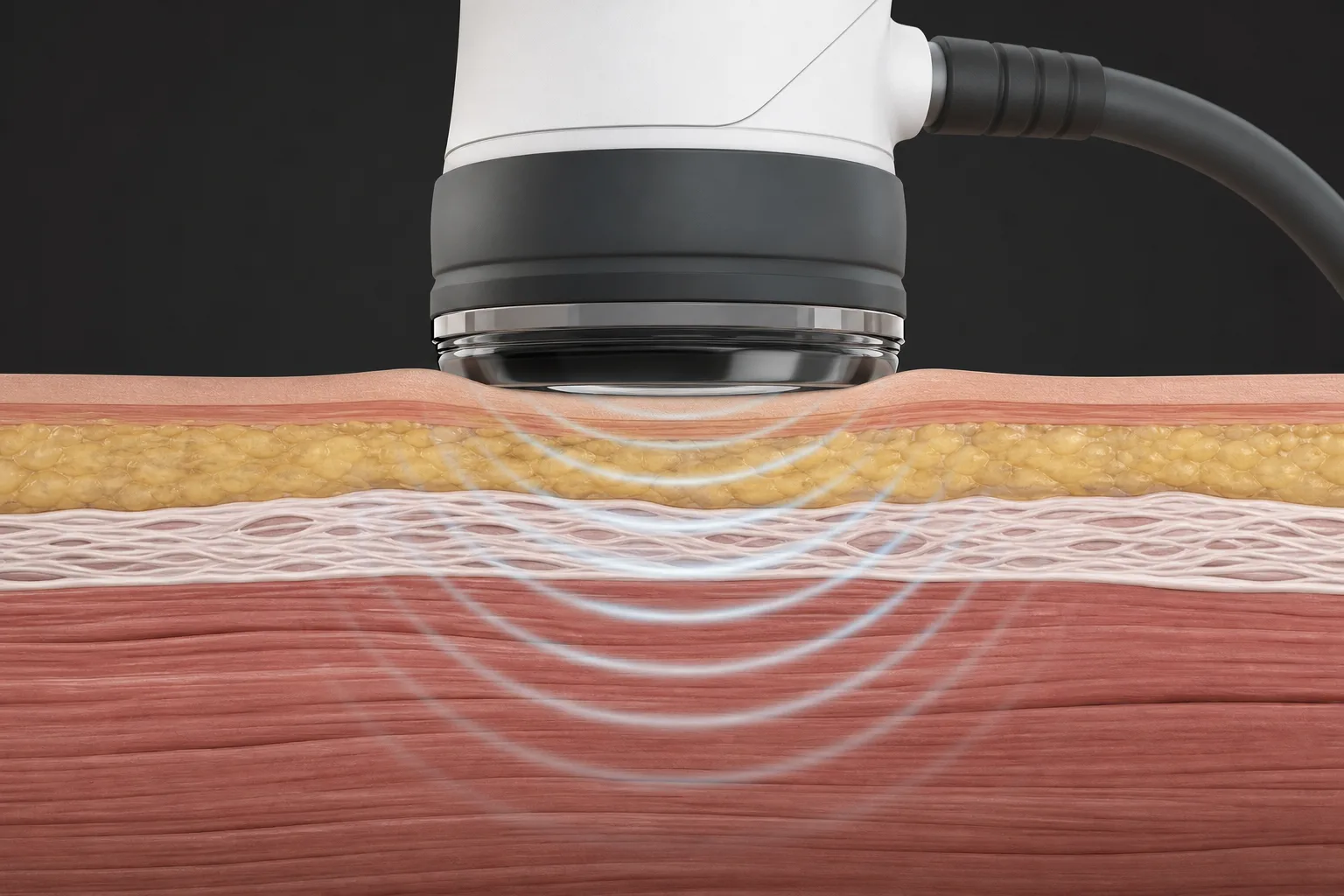 One professional and a different adult client showing the shockwave handpiece, controls, and treatment setup without a